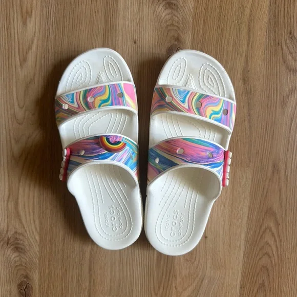 New CROCS Rainbow Tie-Dye Slide Sandals White Pink Purple Yellow Size 9 Crocs Tie-Dye Classic Graphic Slide Womens Size 10 Rainbow  main image 4
